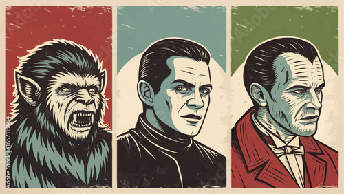 Three classic horror movie monsters depicted in a vintage poster style illustration art print