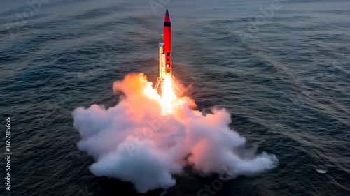 Low-angle frontal lift-off over water, glowing rocket exhaust illuminating the sea spray