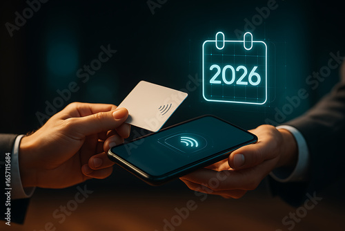 Smartphone showing digital calendar 2026 hologram with NFC card - Smartphone mostrando holograma de calendário 2026 com cartão NFC