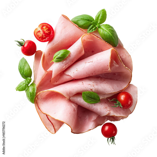 top view of neatly folded pink ham slices
