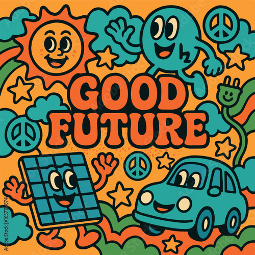 Retro-Psychedelic Pop Art Collage „Good Future“ mit nachhaltigen Symbolen