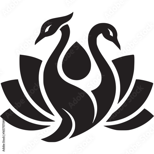 Two swans with lotus flower isolated on white background, symbolizing harmony, balance, and spiritual growth in a modern design