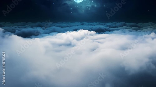 Horizontal glide above misty cloudscape with moonlight filtering through
