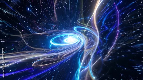 hyperdrive-style flight through neon-blue star trails and glowing nebula clouds