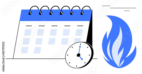 Calendar with spiral binding, clock showing specific time, and blue flame suggesting urgency, deadlines, or scheduling challenges. Ideal for productivity, deadlines, urgency, goal setting time