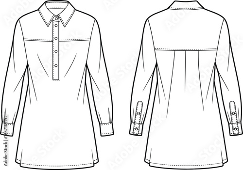 Long sleeve shirt front and back views, half placket button closure, collar design with yoke, pleated back detail, flat technical garment sketch, fashion vector illustration