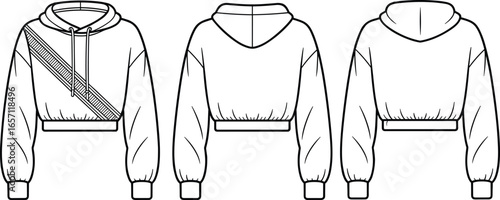 Cropped hoodie front and back views, diagonal stripe chest detail, drawstring hood, elastic waistband, long sleeves with cuffs, flat technical garment sketch, fashion vector illustration
