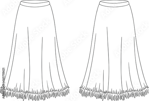 Long ankle length skirts front views, fringe hemline design, pleated vertical panels, waistband detail, flat technical garment sketch, apparel sewing pattern, fashion vector illustration