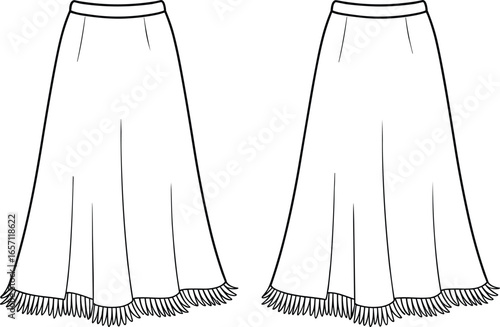 Long ankle length skirts front views, fringe hemline variations, patterned fringe detail, vertical seam design, flat technical garment sketch, apparel fashion vector illustration