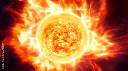 Volcanic sun core animation with fiery filaments and corona glow bleeds