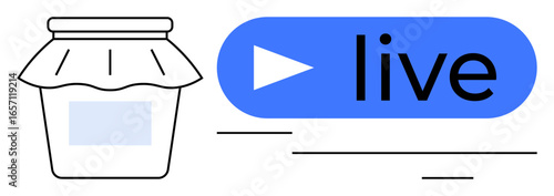 Jam jar paired with play button and live text symbolizes live streaming, DIY creativity, or digital homemade sharing. Ideal for content creation, online sharing, live events, marketing, digital