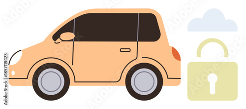 Orange compact car parked near lock and cloud, representing vehicle security, connectivity, data safety, digital protection, smart technology, cloud computing, and mobility in a simple flat metaphor
