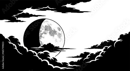 Dramatic moon and clouds silhouette against a stark white background creating contrast