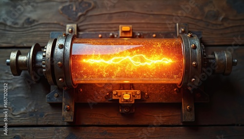 Glowing steampunk device with bright orange energy crackling inside glass tube. Antique metal casing with rivets, gears, bolts. Mounted on dark, textured wooden background, suggesting vintage