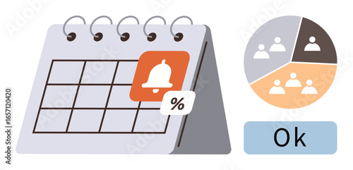 Calendar with reminder notification, percentage badge, group division chart in segments, and approval button. Ideal for scheduling, productivity, teamwork, planning, reminders task management