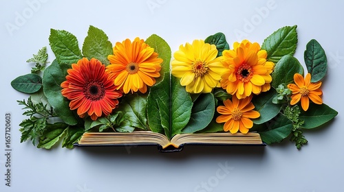 Wallpaper Mural Open Book with Vibrant Orange and Yellow Flowers and Green Leaves on Light Background for Nature, Education, and Decor Projects Torontodigital.ca