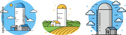 Farm silos with fields, house, and blue sky in simple style   