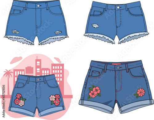 Collection of denim shorts with floral designs and city background  