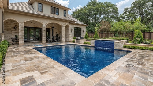 Luxurious backyard pool with patio area