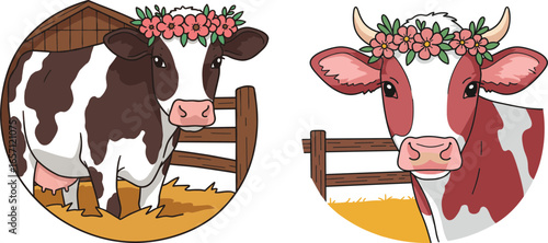 Two cartoon cows wearing flower crowns in a barn setting  