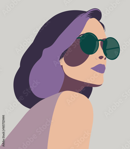 Abstract minimalist portrait of a person glancing over their shoulder, wearing round sunglasses. Flat design with bold geometric shapes and modern cubist style.
