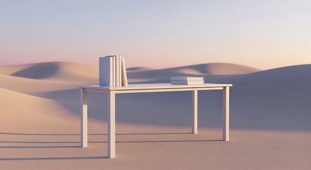 Crédence de cuisine Pantone 2025 Mocha Mousse Desk in desert landscape surreal concept with books study education reading learning knowledge sand dunes  © Sameera