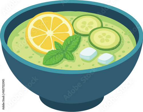 Vector illustration of a refreshing summer soup with cucumber, lemon, and mint in a bowl, flat designtor Artwork
