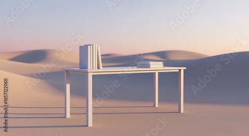 Desk in desert landscape surreal concept with books study education reading learning knowledge sand dunes