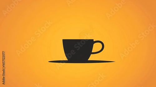 A stylized black coffee cup with steam on a vibrant orange background, creating a warm and inviting aesthetic.