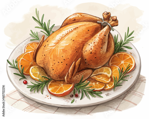 A watercolor illustration of a roasted turkey garnished with citrus and rosemary on a white plate