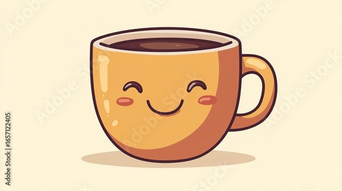 A cheerful cartoon coffee cup with a smiling face, set against a light background, exuding warmth and happiness.