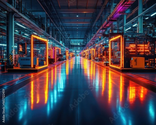 A vibrant assembly area with glowing multicolored LED lights reflecting off machinery, emphasizing activity and innovation