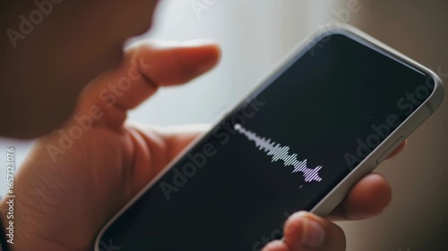 Male person holding a smartphone showing a voice message waveform on the screen
