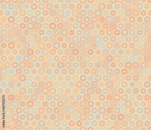 Tileabe mosaic background. Hexagon stacked mosaic cells. Hexagon geometric shapes. Multiple tones color palette. Seamless pattern. Tileable vector illustration.