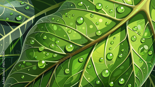 Close-up view of a dew-covered leaf, shimmering droplets reflecting gentle light, delicate textures glistening softly, natural veins detailed elegantly, vibrant green surface glowing, evoking freshnes