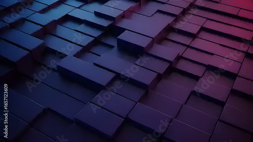 Abstract Geometric Design: A mesmerizing display of three-dimensional geometric blocks, expertly arranged to create a seamless, dynamic surface bathed in gradient shades of blue and red.