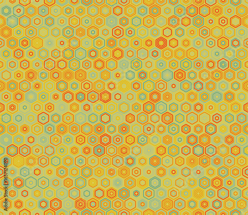 Hexagonal pattern background. Bold stacked rounded hexagons mosaic cells. Hexagon geometric shapes. Multiple tones color palette. Seamless pattern. Tileable vector illustration.