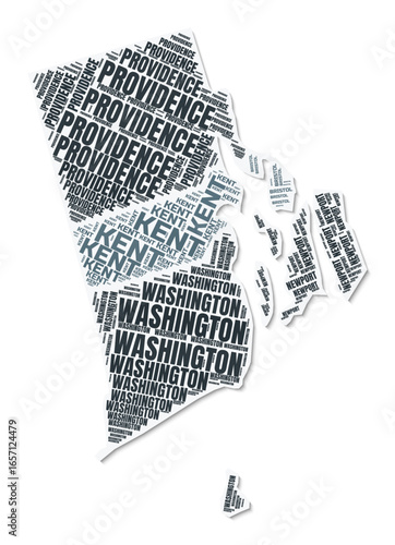 Rhode Island shape text cloud. State border with shadow on white background. Rhode Island with counties division in vintage gazette style. Stylish vector illustration.