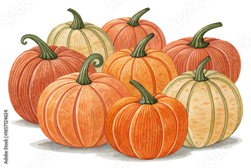 A group of seven pumpkins in various shades of orange and cream with green stems arranged together closely