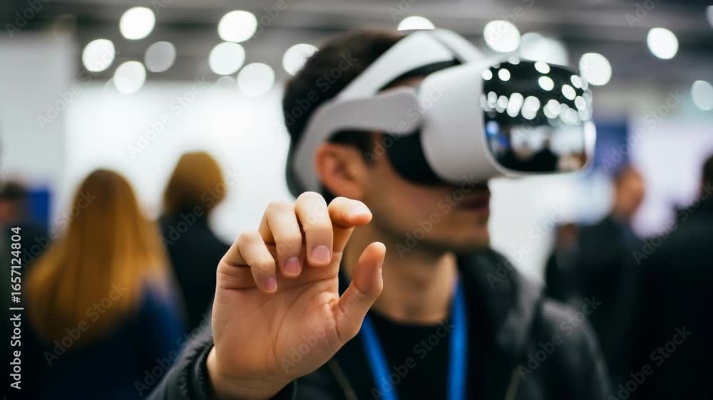Person in a virtual reality headset with an outstretched hand, experiencing a futuristic simulation Person in a virtual reality headset with an outstretched hand, experiencing a futuristic simulation