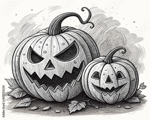 Two carved pumpkins with spooky faces and curly stems in a sketch style illustration art design