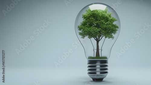 Eco-Friendly Illumination: A vibrant tree grows inside of an electric bulb, showcasing innovative environmentalism and green energy innovation, against a minimalistic backdrop.