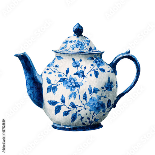 blue and white floral teapot watercolor painting
