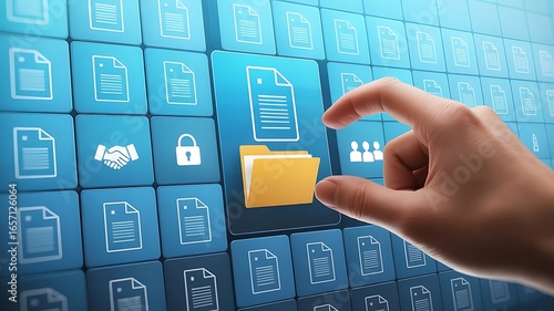 Hand selecting a digital file icon from a grid of data.