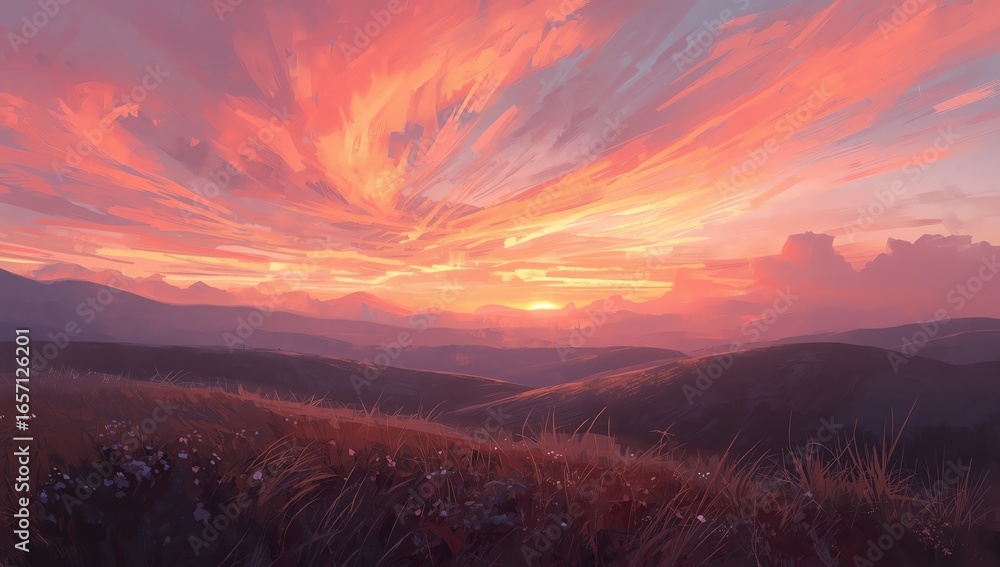 Obraz premium Vibrant Sunset over Rolling Hills A Breathtaking Landscape Painting