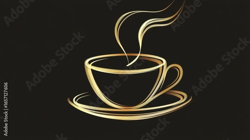A minimalist illustration of a steaming coffee cup on a saucer, set against a dark background, evoking warmth and comfort.