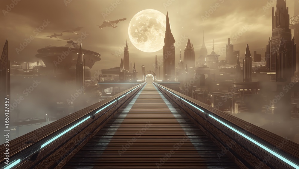 Fototapeta premium Futuristic Cityscape Bridge to a Mysterious Metropolis Under a Full Moon