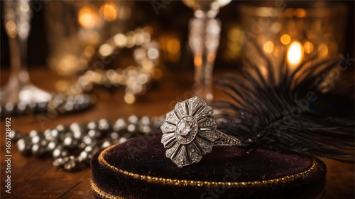 Antique jewelry ring on velvet with pearls and feather
