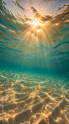 Fototapeta Naklejka Na Ścianę i Meble -  Underwater ocean scene with sunlight shining through water surface and sand below