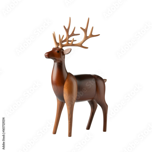 Wooden reindeer figurine with antlers on black background